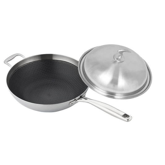 Premium 18/10 Stainless Steel Fry Pan 34cm Frying Pan Top Grade Textured Non Stick Interior Skillet with Helper Handle and Lid - image1