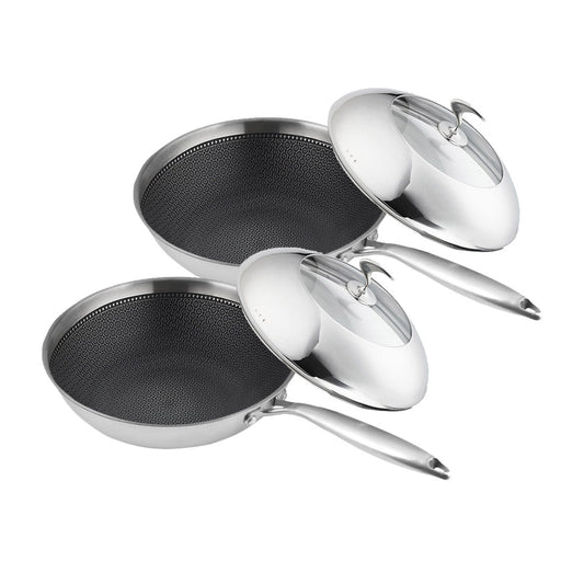 Premium 2X 18/10 Stainless Steel Fry Pan 30cm Frying Pan Top Grade Cooking Non Stick Interior Skillet with Lid - image1