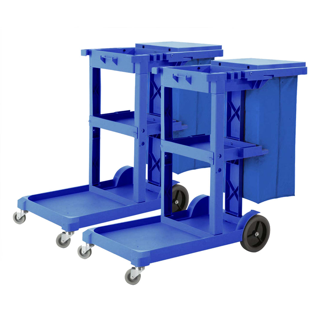 Premium 2X 3 Tier Multifunction Janitor Cleaning Waste Cart Trolley and Waterproof Bag with Lid Blue - image1