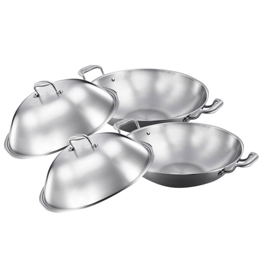 Premium 2X 3-Ply 42cm Stainless Steel Double Handle Wok Frying Fry Pan Skillet with Lid - image1