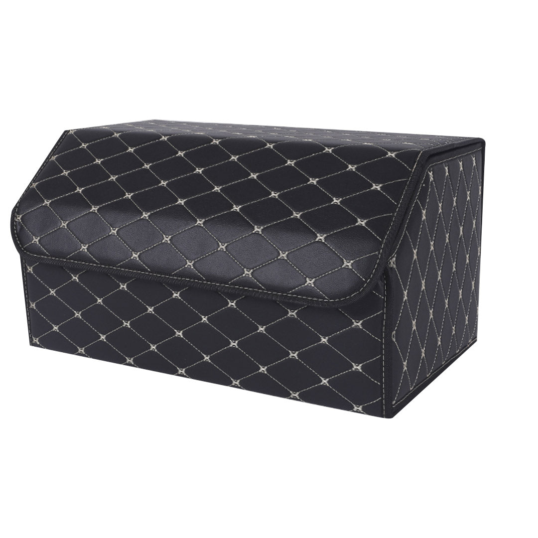 Premium Leather Car Boot Collapsible Foldable Trunk Cargo Organizer Portable Storage Box Black/Gold Stitch Large - image1