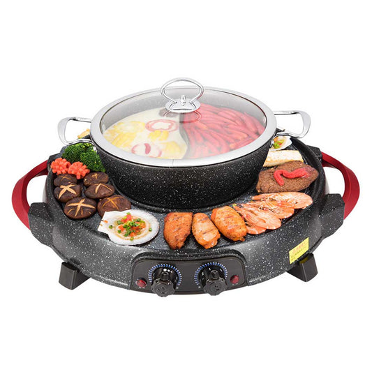 Premium 2 in 1 Electric Stone Coated Grill Plate Steamboat Two Division Hotpot - image1