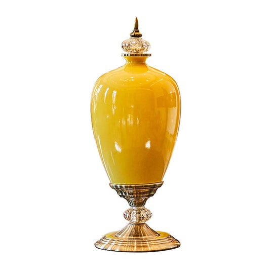 Premium 42cm Ceramic Oval Flower Vase with Gold Metal Base Yellow - image1