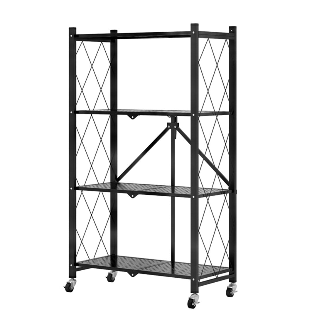 Premium 4 Tier Steel Black Foldable Kitchen Cart Multi-Functional Shelves Portable Storage Organizer with Wheels - image1