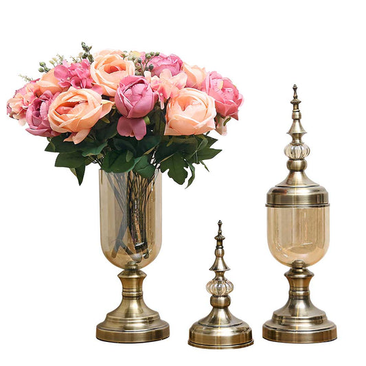 Premium 2 x Clear Glass Flower Vase with Lid and Pink Flower Filler Vase Bronze Set - image1