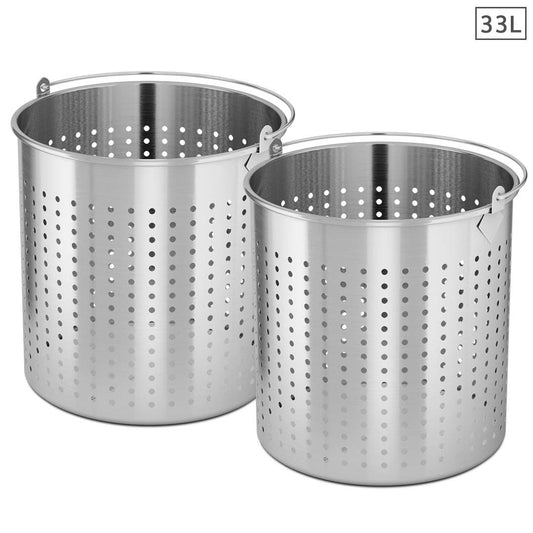 Premium 2X 33L 18/10 Stainless Steel Perforated Stockpot Basket Pasta Strainer with Handle - image1