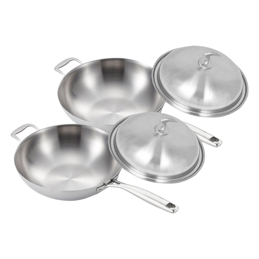 Premium 2X 18/10 Stainless Steel Fry Pan 34cm Frying Pan Top Grade Skillet with Helper Handle and Lid - image1