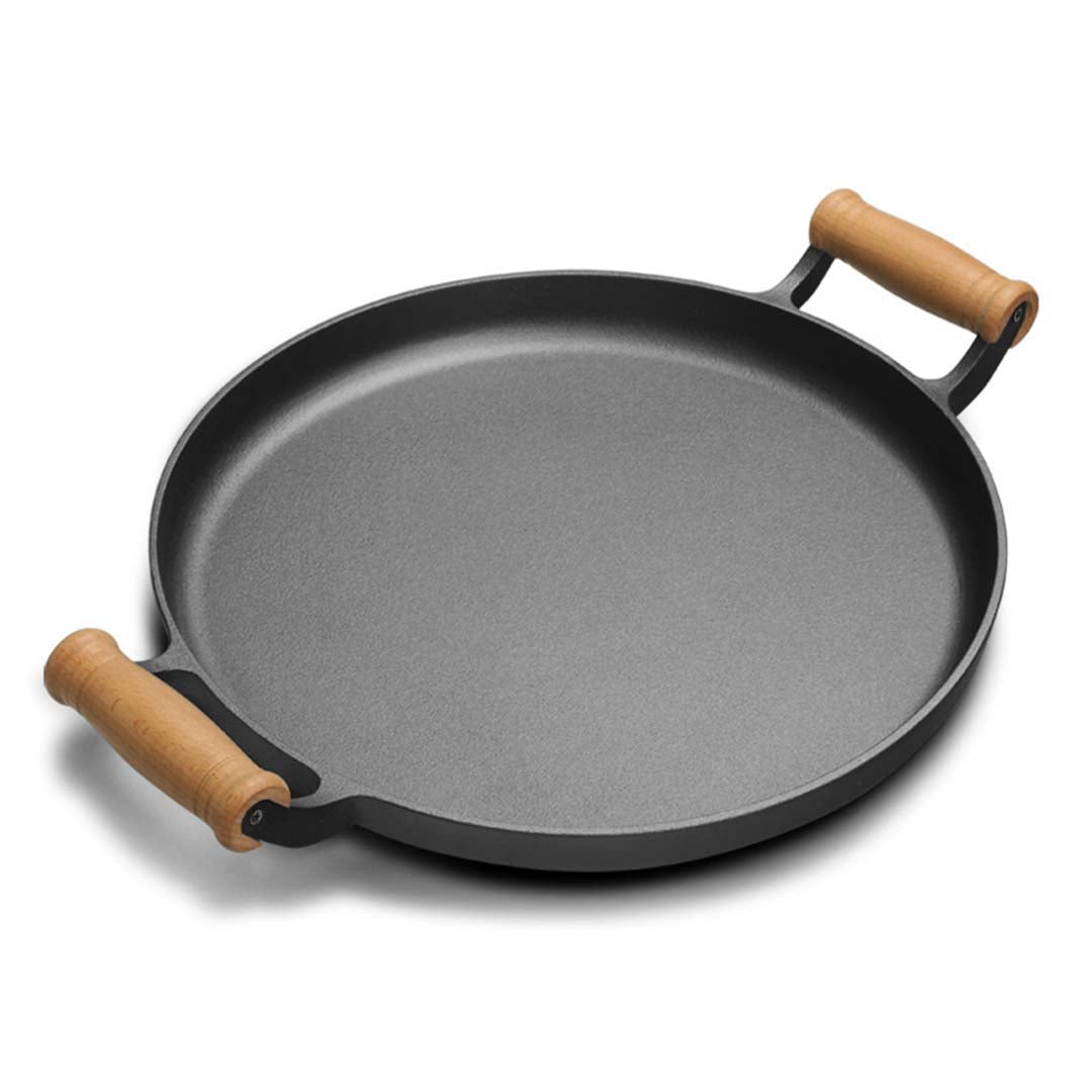 Premium 35cm Cast Iron Frying Pan Skillet Steak Sizzle Fry Platter With Wooden Handle No Lid - image1