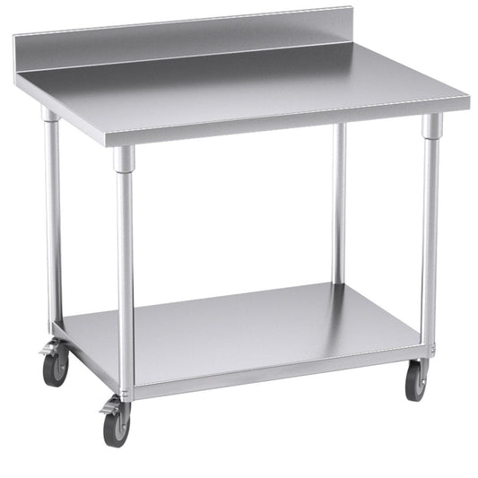 Premium 100cm Commercial Catering Kitchen Stainless Steel Prep Work Bench Table with Backsplash and Caster Wheels - image1