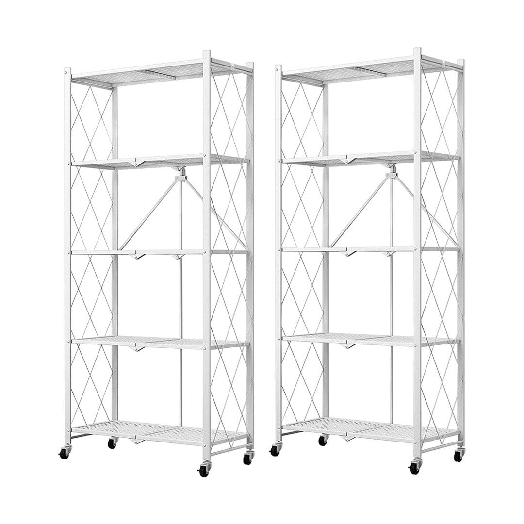 Premium 2X 5 Tier Steel White Foldable Kitchen Cart Multi-Functional Shelves Portable Storage Organizer with Wheels - image1