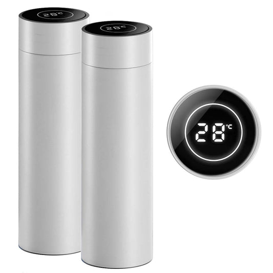 Premium 2X 500ML Stainless Steel Smart LCD Thermometer Display Bottle Vacuum Flask Thermos White - image1