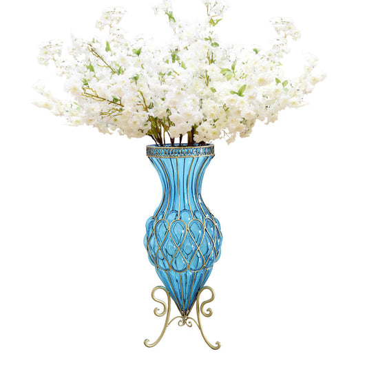 Premium 67cm Blue Glass Tall Floor Vase with 10pcs White Artificial Fake Flower Set - image1