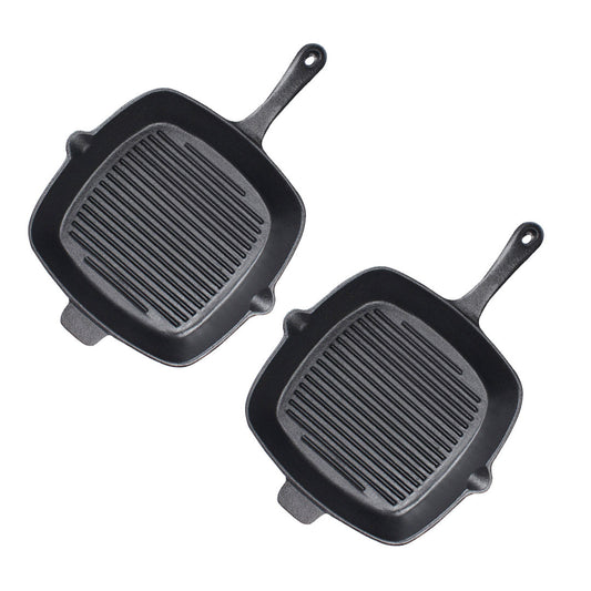 Premium 2X 26cm Square Ribbed Cast Iron Frying Pan Skillet Steak Sizzle Platter with Handle - image1