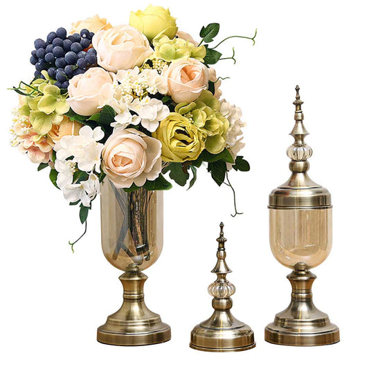 Premium 2x Clear Glass Flower Vase with Lid and White Flower Filler Vase Bronze Set - image1