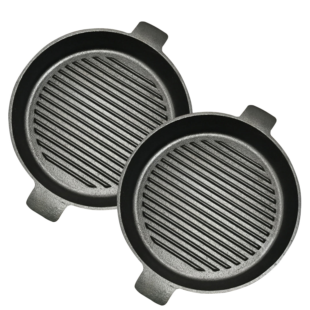 Premium 2X 25cm Round Ribbed Cast Iron Frying Pan Skillet Steak Sizzle Platter with Handle - image1