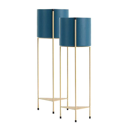 Premium 2X 2 Layer 81cm Gold Metal Plant Stand with Blue Flower Pot Holder Corner Shelving Rack Indoor Display - image1