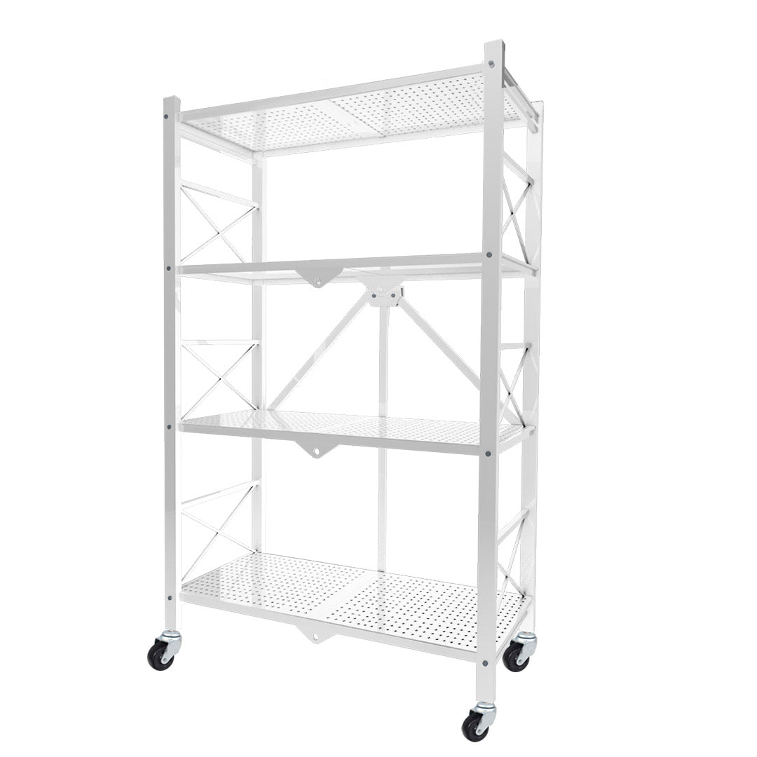 Premium 4 Tier Steel White Foldable Display Stand Multi-Functional Shelves Portable Storage Organizer with Wheels - image1