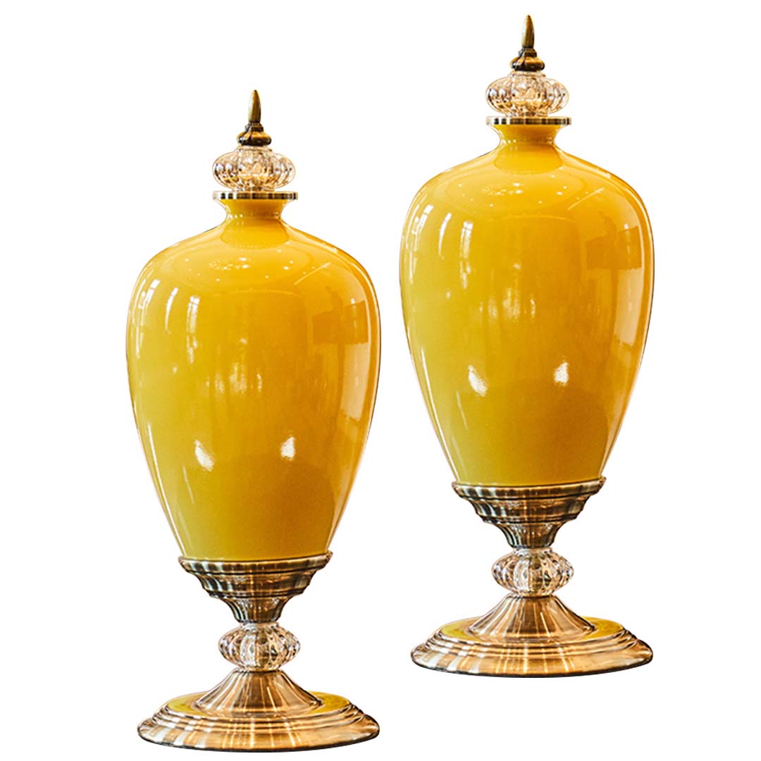 Premium 2x 42cm Ceramic Oval Flower Vase with Gold Metal Base Yellow - image1