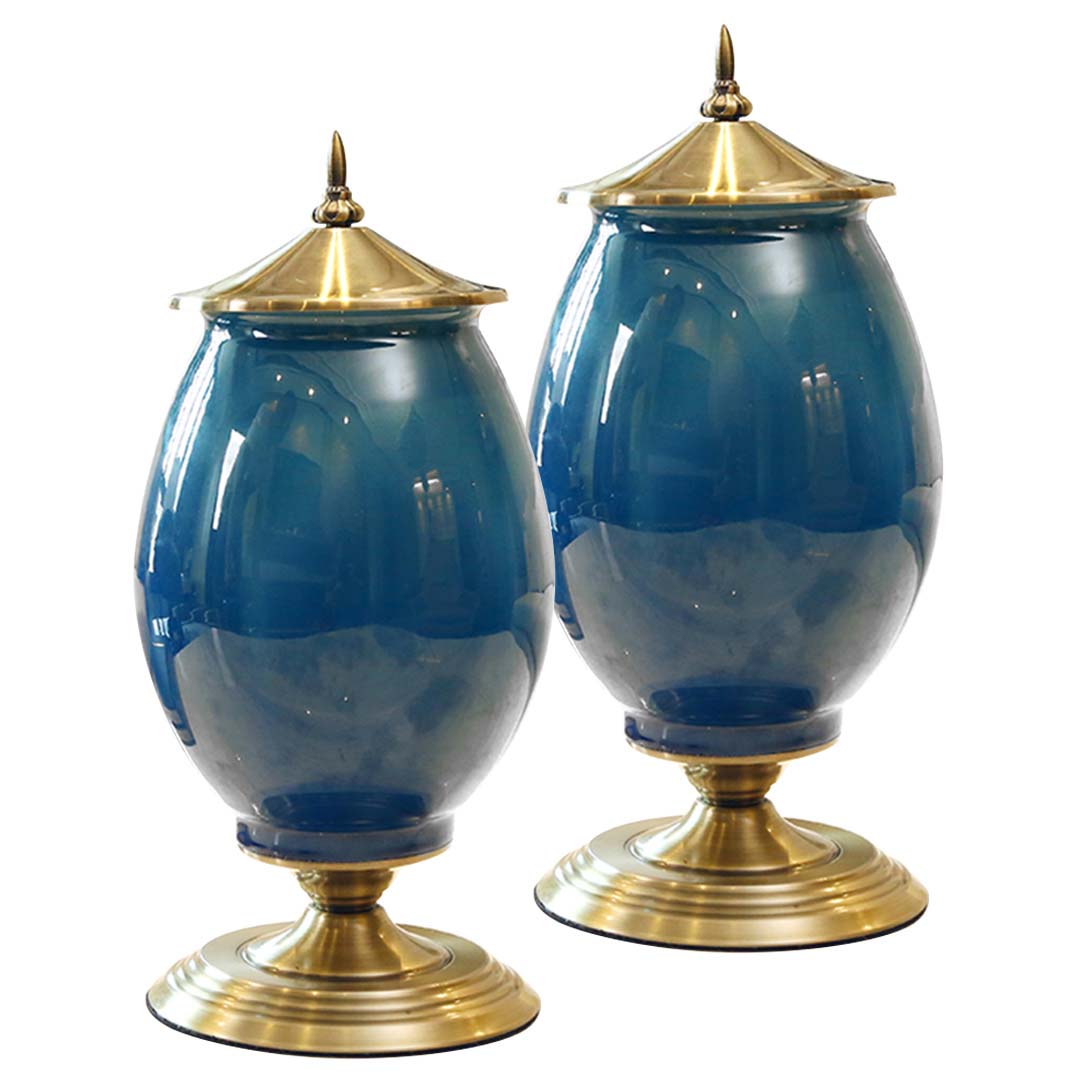 Premium 2x 40cm Ceramic Oval Flower Vase with Gold Metal Base Dark Blue - image1