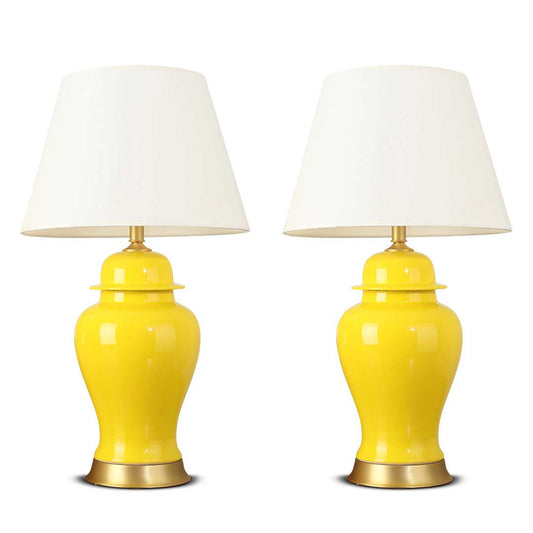 Premium 2X Oval Ceramic Table Lamp with Gold Metal Base Desk Lamp Yellow - image1