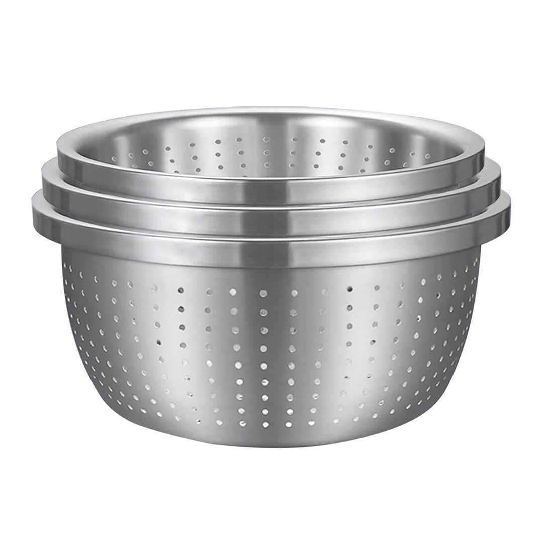 Premium Stainless Steel Nesting Basin Colander Perforated Kitchen Sink Washing Bowl Metal Basket Strainer Set of 3 - image1