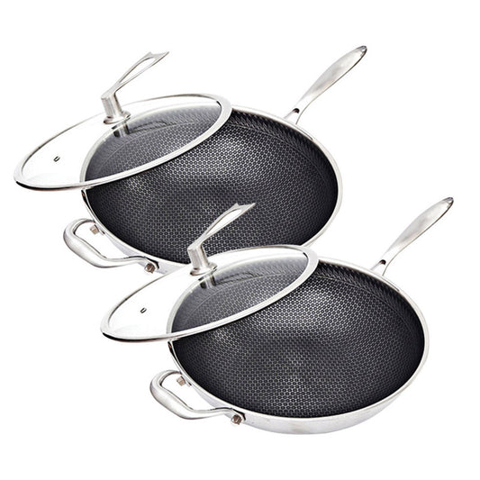 Premium 2X 34cm Stainless Steel Tri-Ply Frying Cooking Fry Pan Textured Non Stick Skillet with Glass Lid and Helper Handle - image1