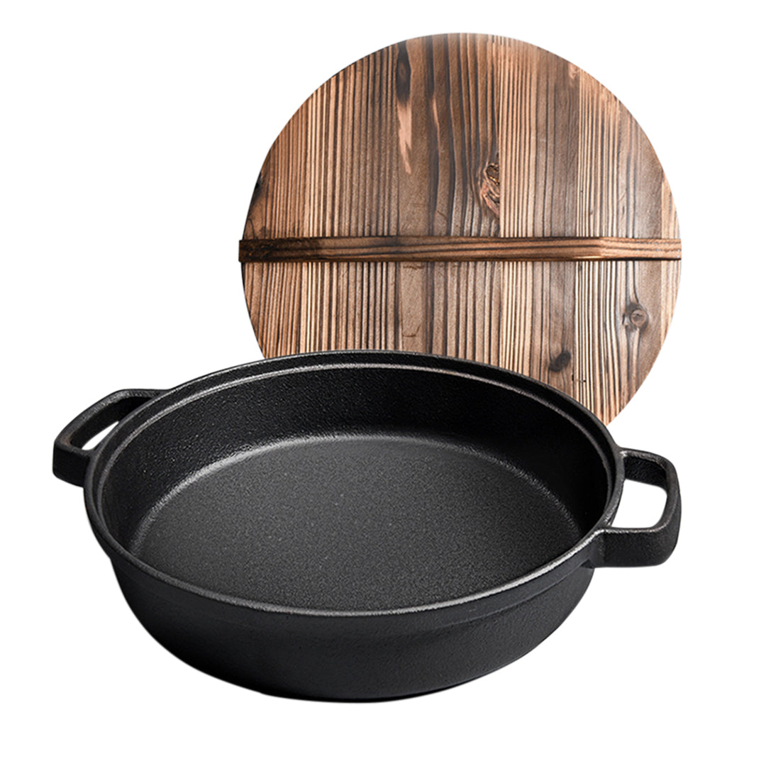 Premium 31cm Round Cast Iron Pre-seasoned Deep Baking Pizza Frying Pan Skillet with Wooden Lid - image1
