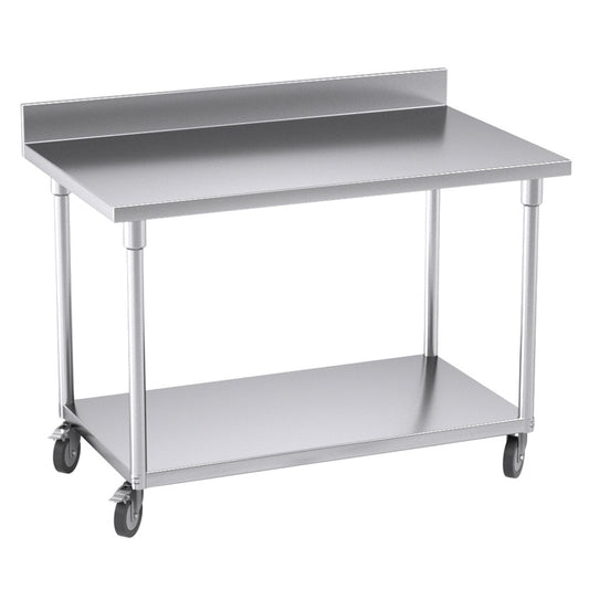 Premium 120cm Commercial Catering Kitchen Stainless Steel Prep Work Bench Table with Backsplash and Caster Wheels - image1