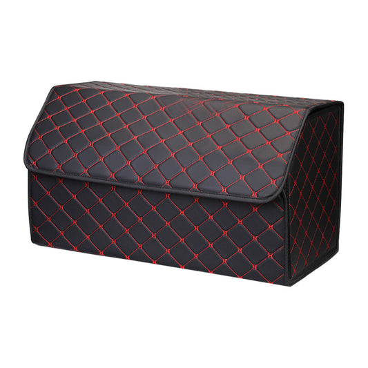 Leather Car Boot Collapsible Foldable Trunk Cargo Organizer Portable Storage Box Black/Red Stitch Large - image1