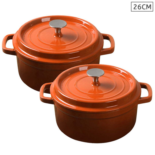 Premium 2X Cast Iron 26cm Enamel Porcelain Stewpot Casserole Stew Cooking Pot With Lid Orange - image1