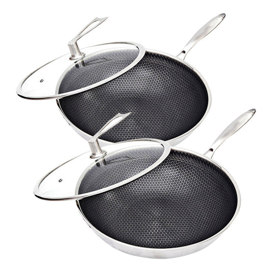 Premium 2X 32cm Stainless Steel Tri-Ply Frying Cooking Fry Pan Textured Non Stick Interior Skillet with Glass Lid - image1
