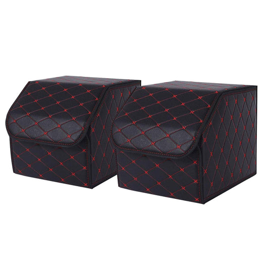 Premium 2X Leather Car Boot Collapsible Foldable Trunk Cargo Organizer Portable Storage Box Black/Red Stitch Small - image1