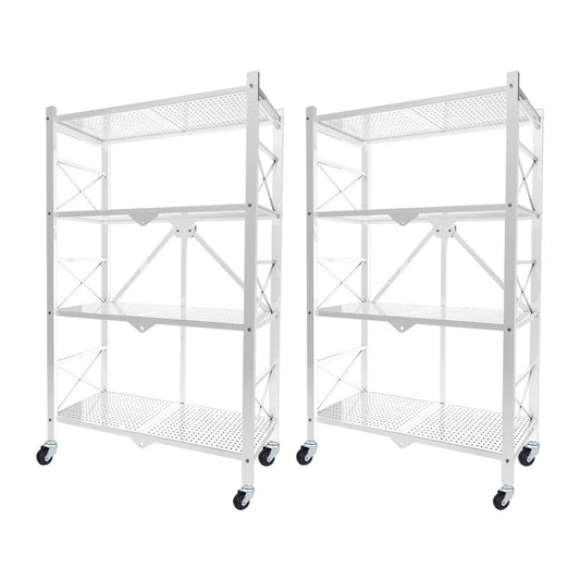 Premium 2X 4 Tier Steel White Foldable Display Stand Multi-Functional Shelves Portable Storage Organizer with Wheels - image1