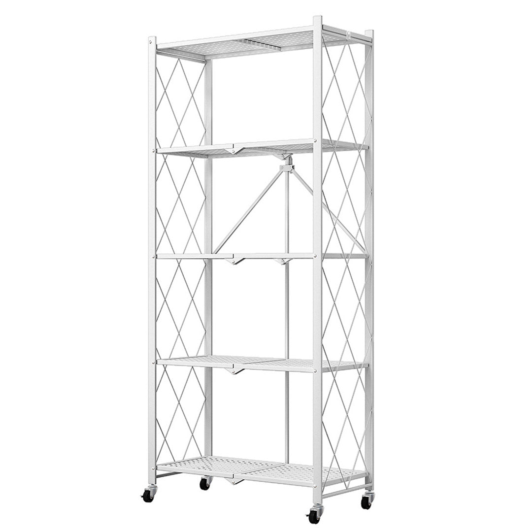 Premium 5 Tier Steel White Foldable Kitchen Cart Multi-Functional Shelves Portable Storage Organizer with Wheels - image1