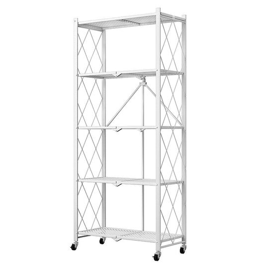 Premium 5 Tier Steel White Foldable Kitchen Cart Multi-Functional Shelves Portable Storage Organizer with Wheels - image1