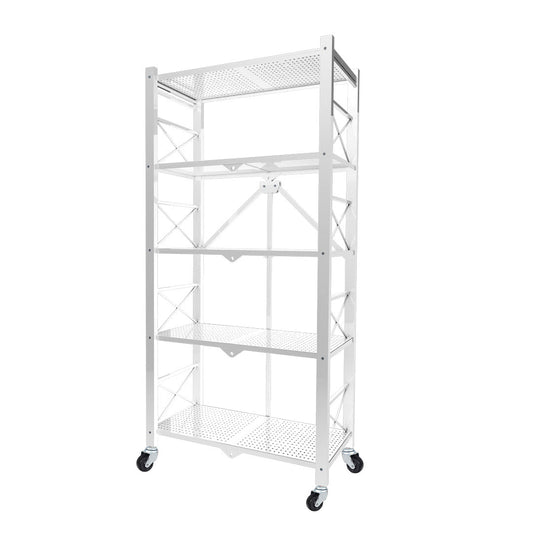 Premium 5 Tier Steel White Foldable Display Stand Multi-Functional Shelves Portable Storage Organizer with Wheels - image1