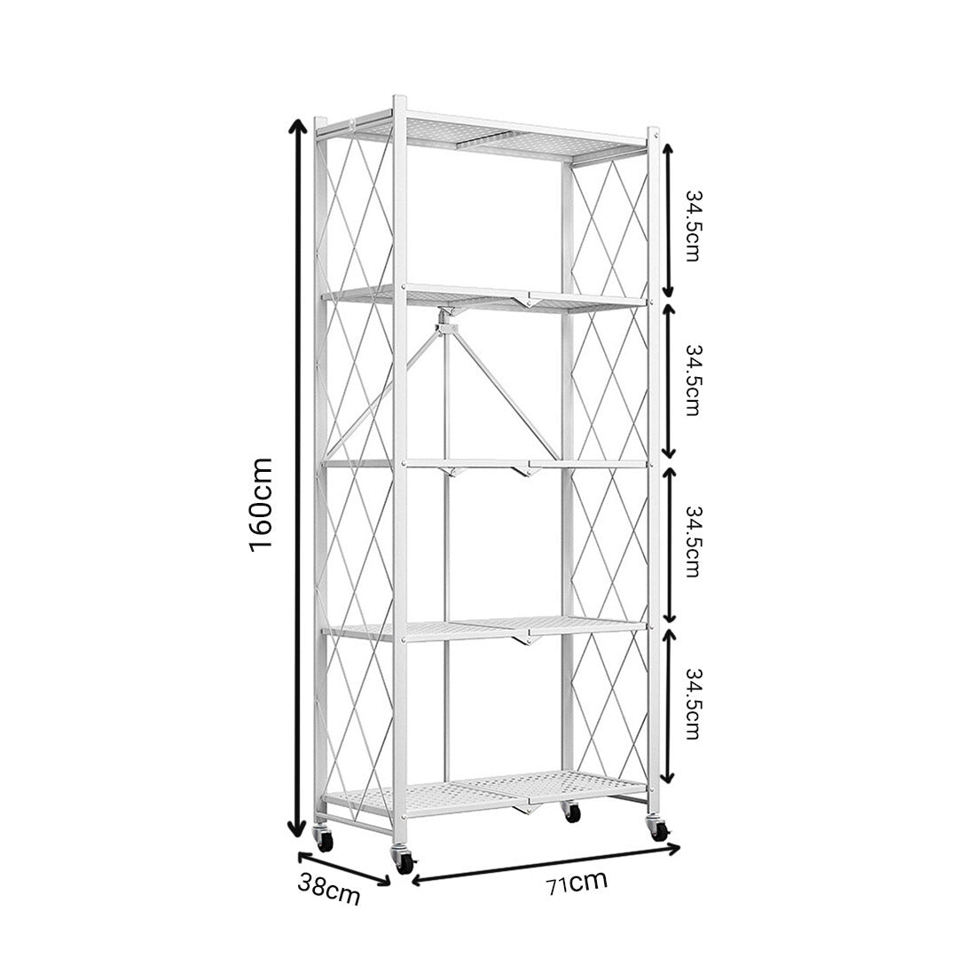 Premium 5 Tier Steel White Foldable Kitchen Cart Multi-Functional Shelves Portable Storage Organizer with Wheels - image2