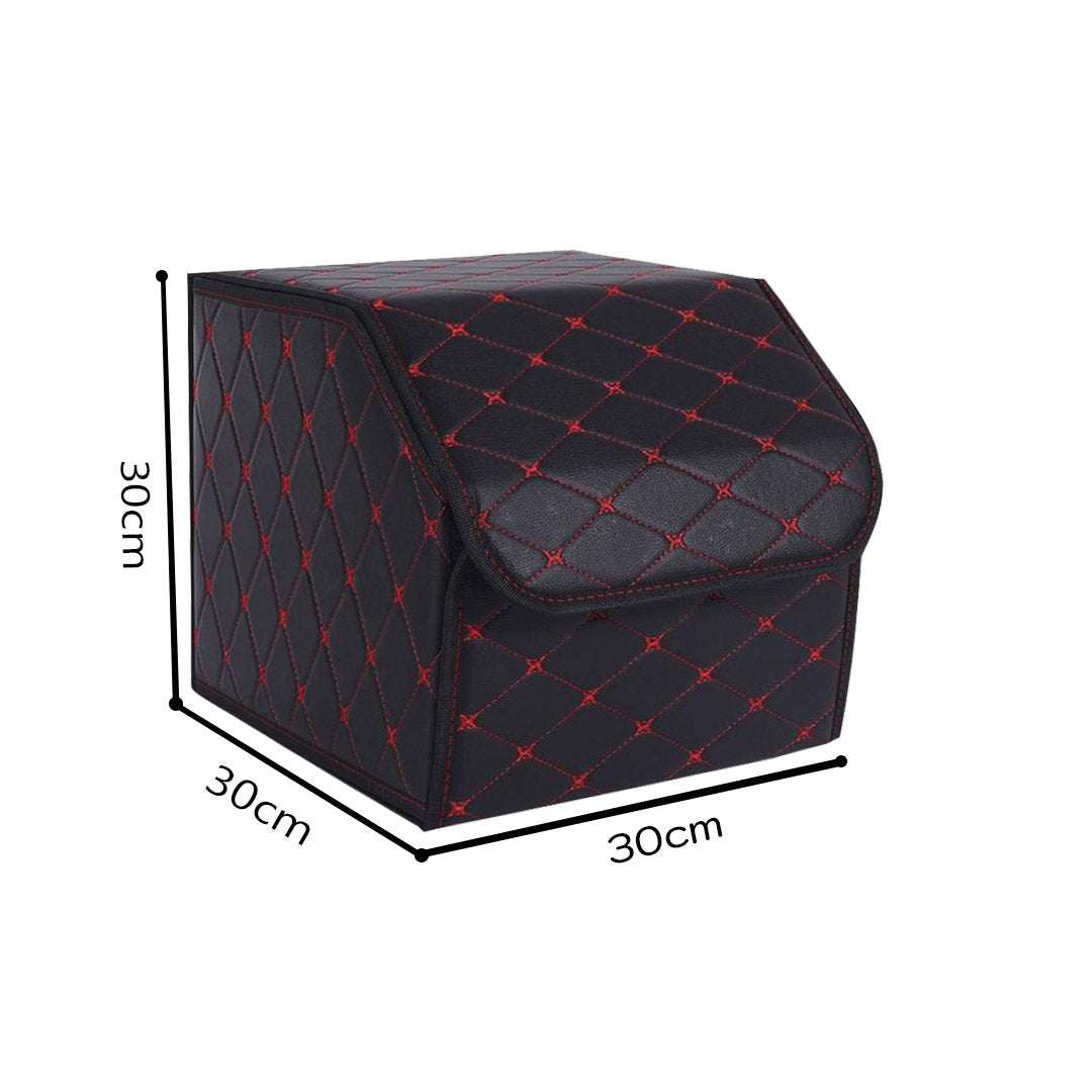 Premium Leather Car Boot Collapsible Foldable Trunk Cargo Organizer Portable Storage Box Black/Red Stitch Small - image2