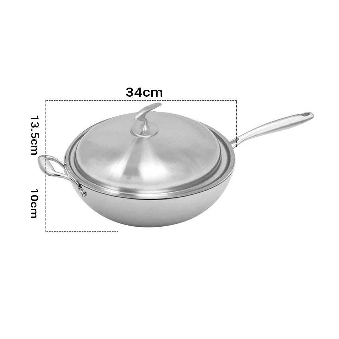 Premium 2X 18/10 Stainless Steel Fry Pan 34cm Frying Pan Top Grade Textured Non Stick Interior Skillet with Helper Handle and Lid - image2