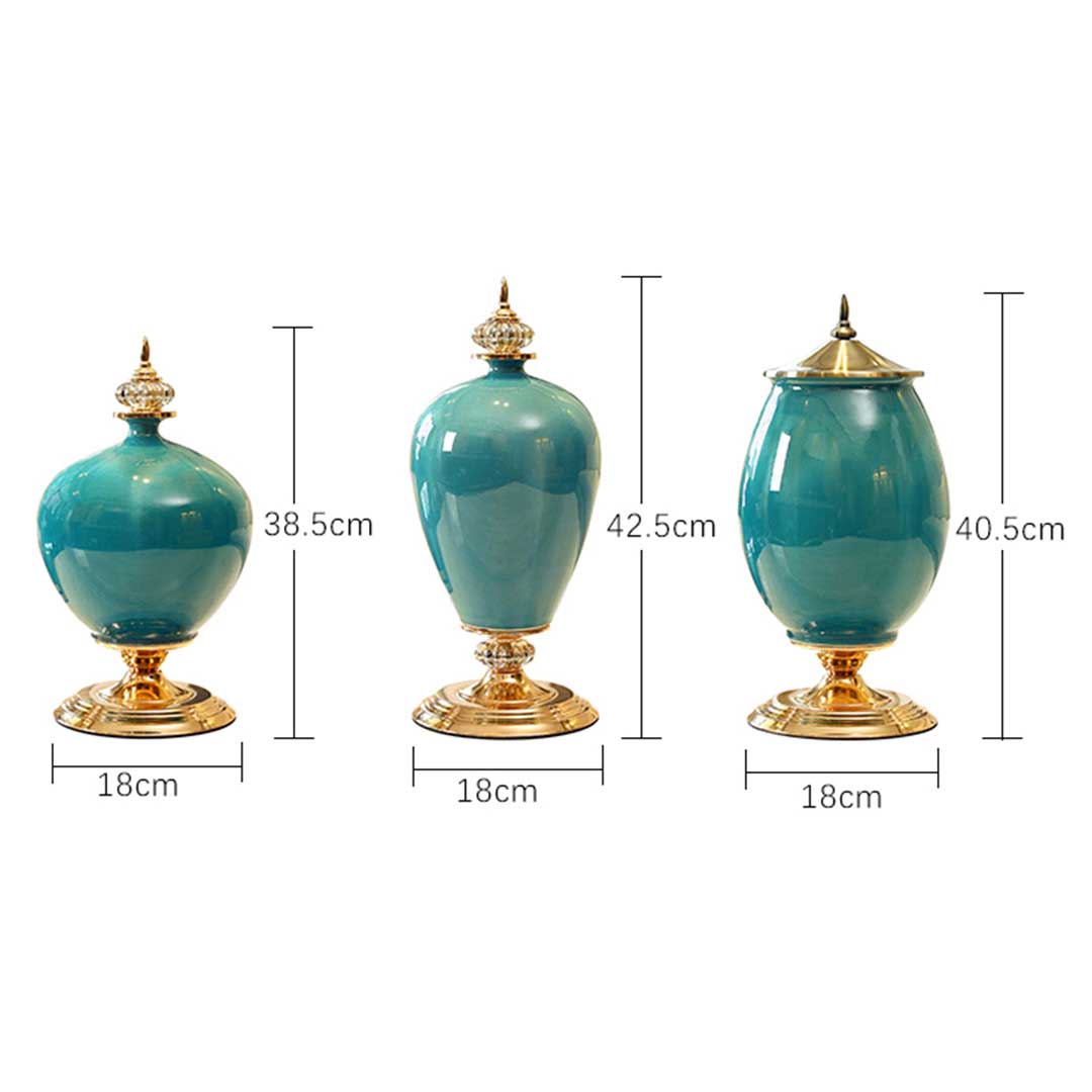 Premium 38cm Ceramic Oval Flower Vase with Gold Metal Base Green - image2