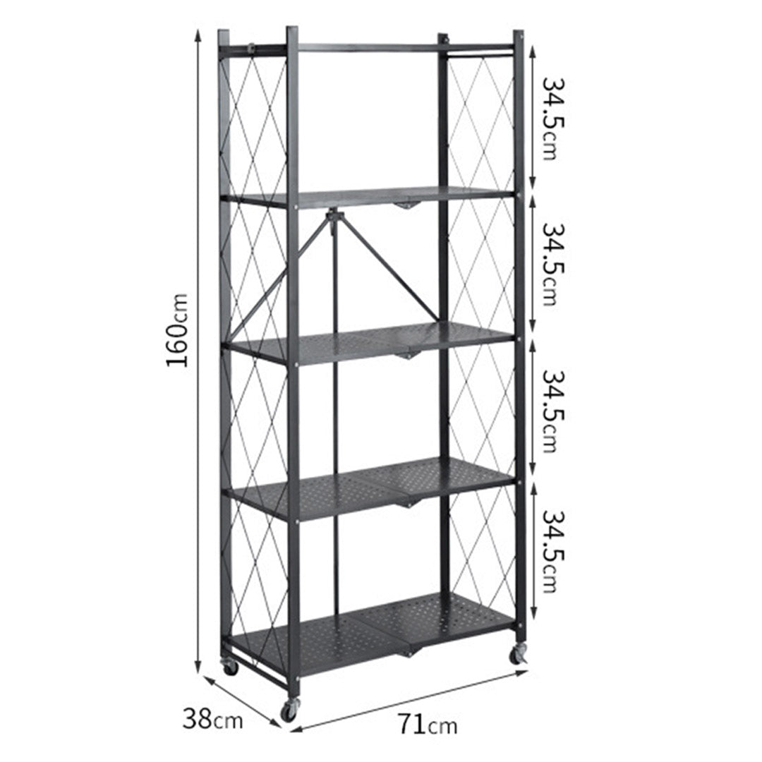 Premium 5 Tier Steel Black Foldable Kitchen Cart Multi-Functional Shelves Portable Storage Organizer with Wheels - image2