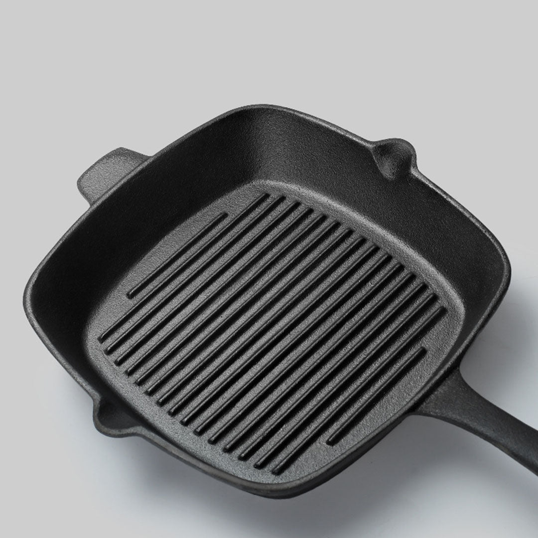 Premium 26cm Square Ribbed Cast Iron Frying Pan SkilletSteak Sizzle Platter with Handle - image2