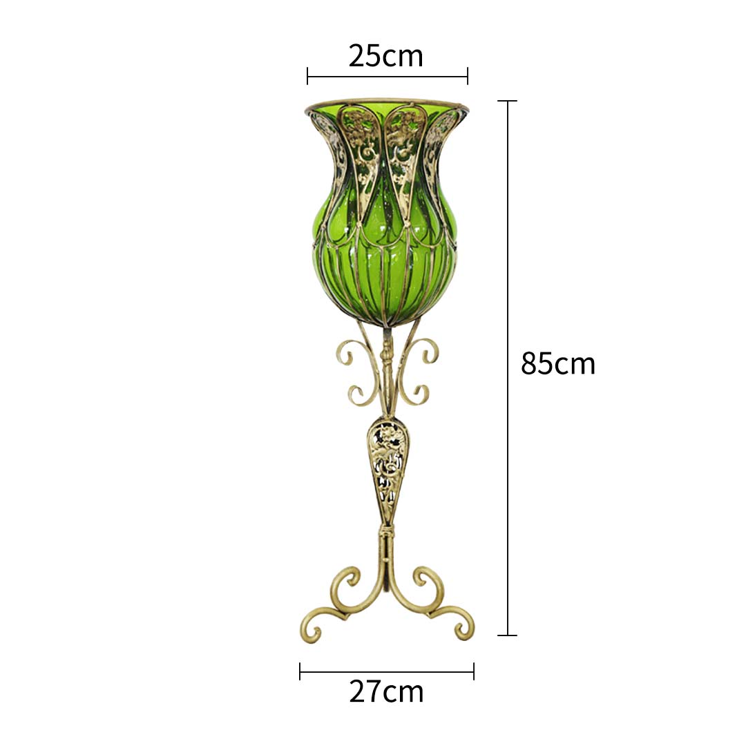 Premium 85cm Green Glass Floor Vase with Tall Metal Flower Stand - image2