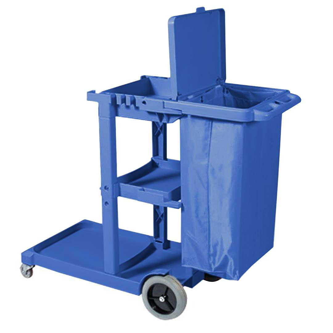 Premium 2X 3 Tier Multifunction Janitor Cleaning Waste Cart Trolley and Waterproof Bag with Lid Blue - image2