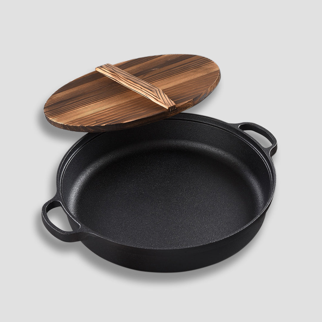 Premium 33cm Round Cast Iron Pre-seasoned Deep Baking Pizza Frying Pan Skillet with Wooden Lid - image2