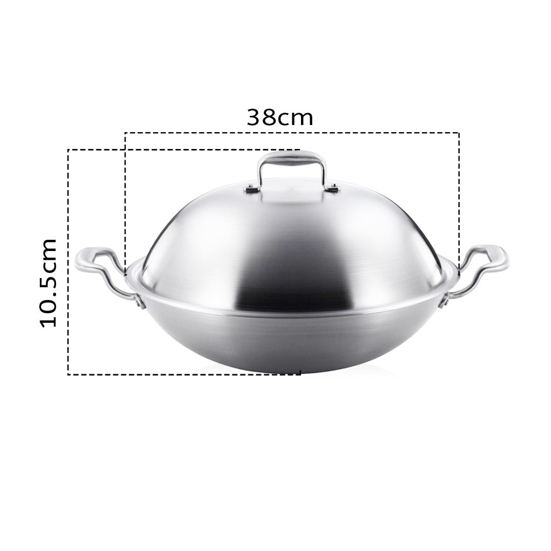 Premium 3-Ply 38cm Stainless Steel Double Handle Wok Frying Fry Pan Skillet with Lid - image2