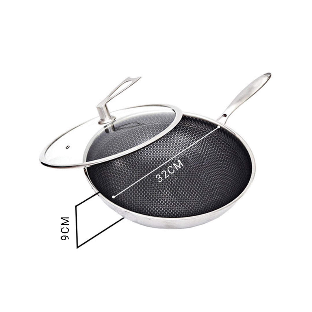 Premium 2X 32cm Stainless Steel Tri-Ply Frying Cooking Fry Pan Textured Non Stick Interior Skillet with Glass Lid - image2