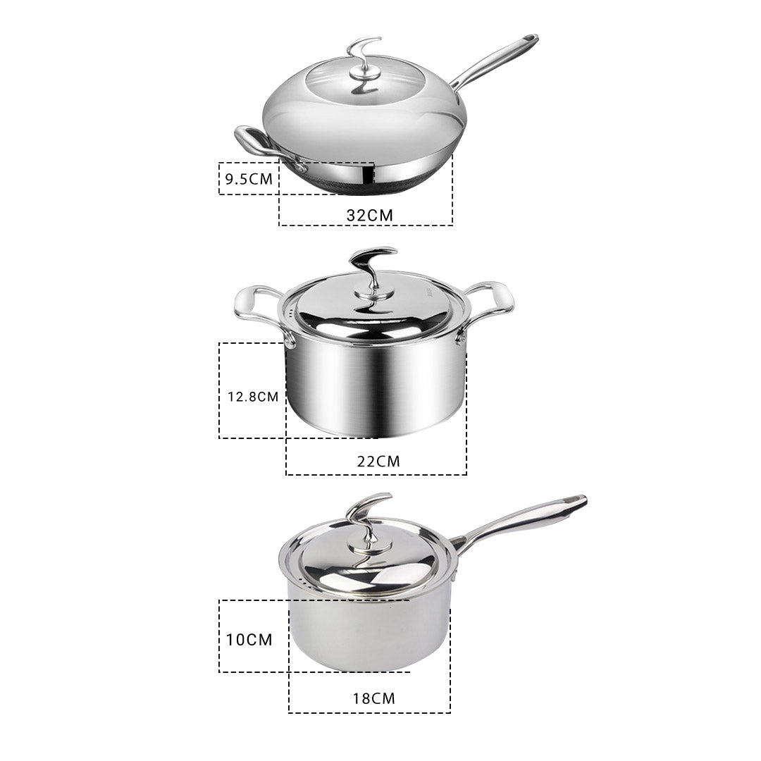 Premium 6 Piece Cookware Set 18/10 Stainless Steel 3-Ply Frying Pan, Milk, and Soup Pot with Lid - image2
