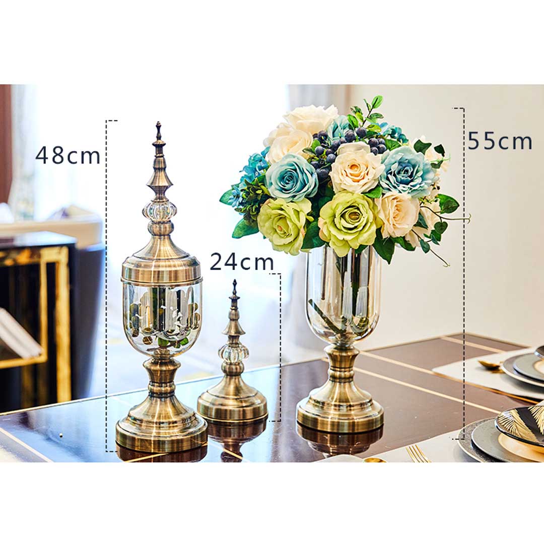 Premium 2 x Clear Glass Flower Vase with Lid and White Flower Filler Vase Black Set - image2