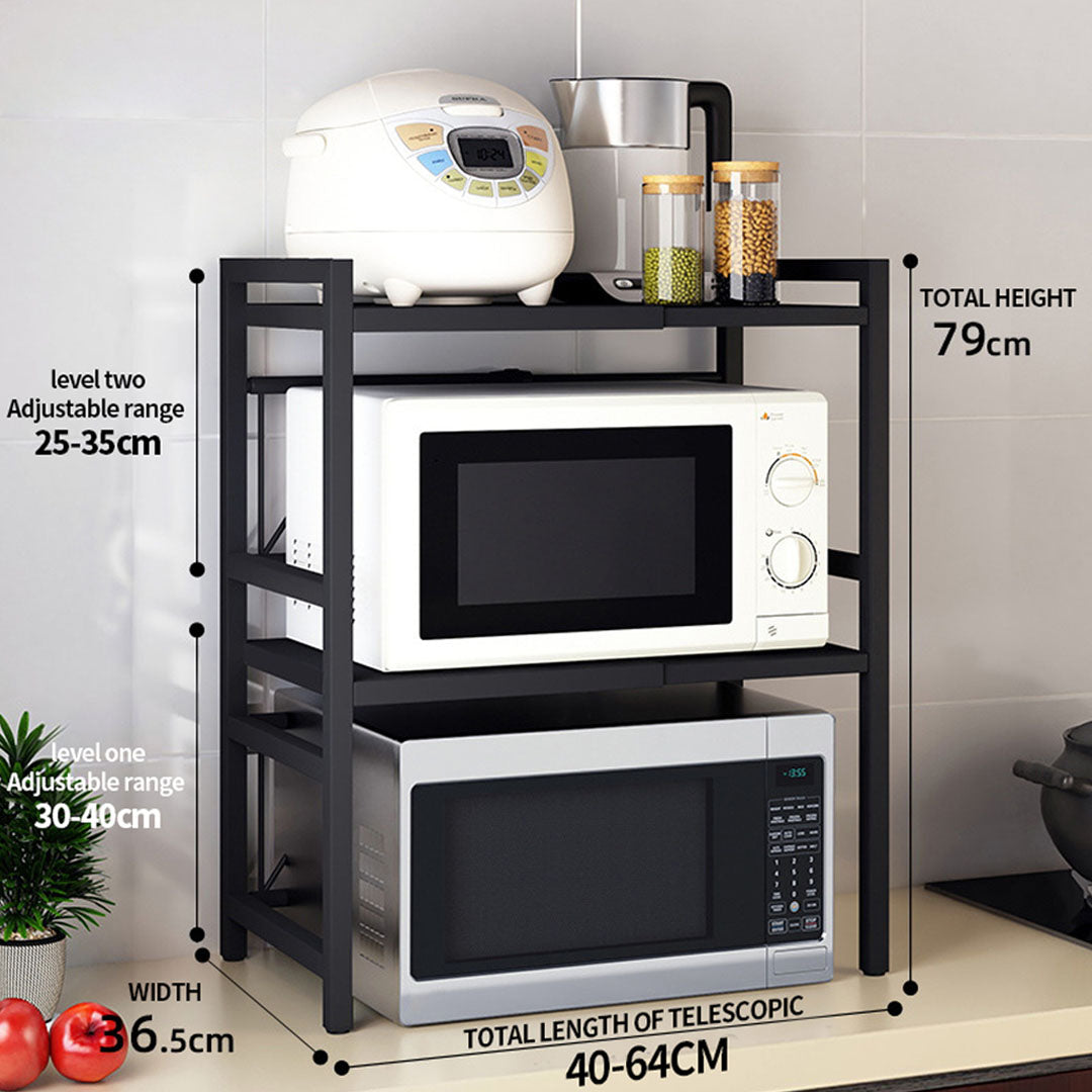 Premium 2X 3 Tier Steel Black Retractable Kitchen Microwave Oven Stand Multi-Functional Shelves Storage Organizer - image2